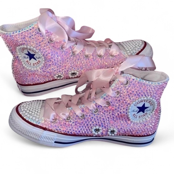 Luminous Pink & Crystal High Top Converse Sizes 5-14 New In Box With Ribbon Lace - Picture 1 of 13